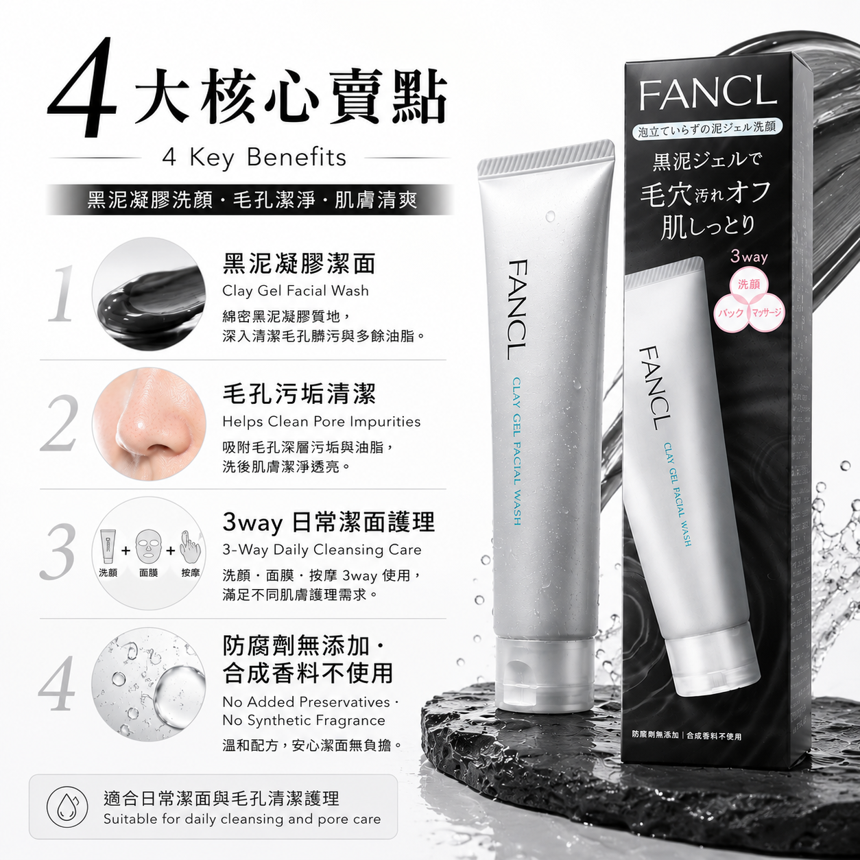 FANCL 黑泥凝膠洗顏 Clay Gel Facial Wash 4 Key Benefits