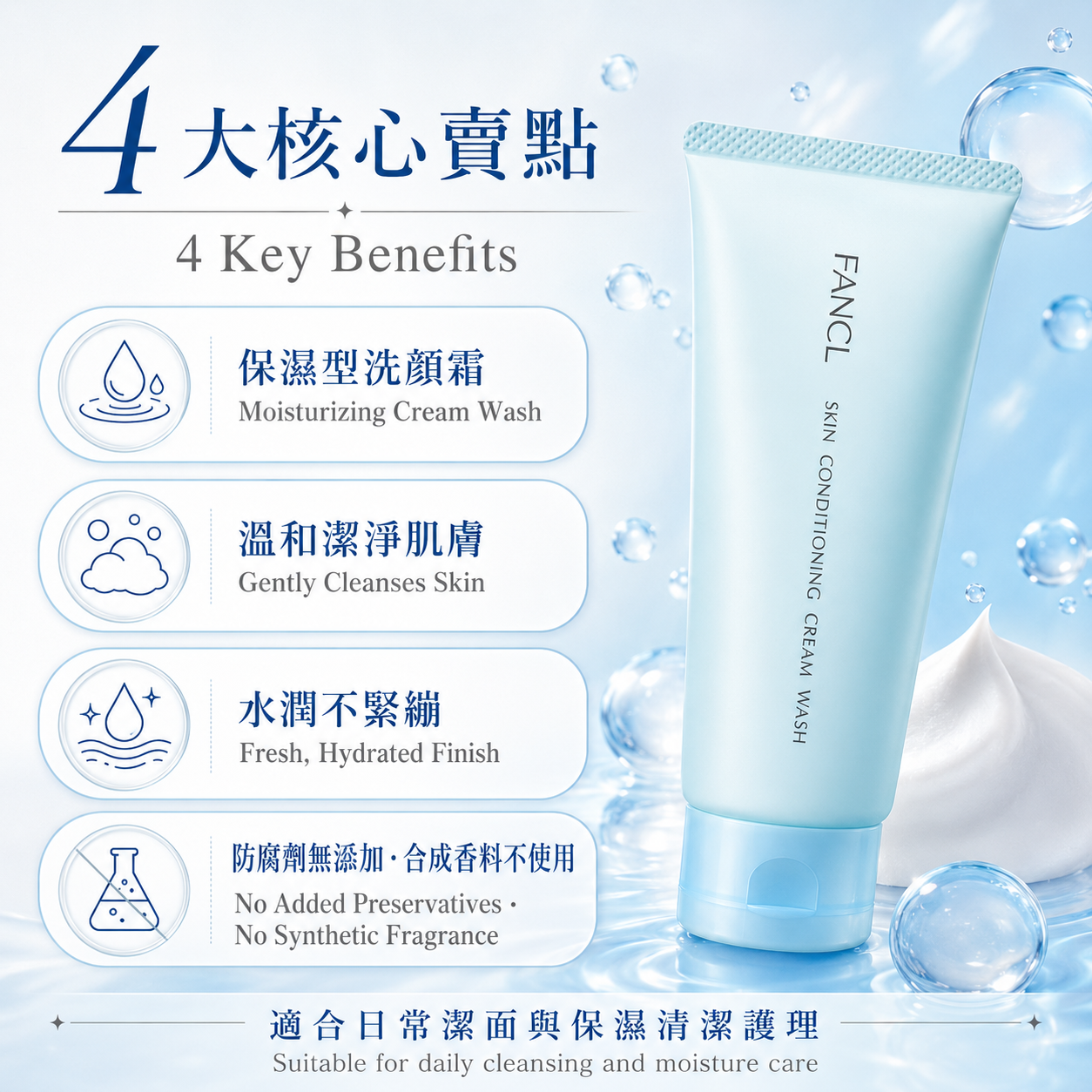 FANCL Skin Conditioning Cream Wash key benefits