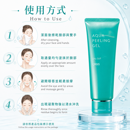 ORBIS Aqua Peeling Gel 使用方式：潔面擦乾後按摩並沖洗