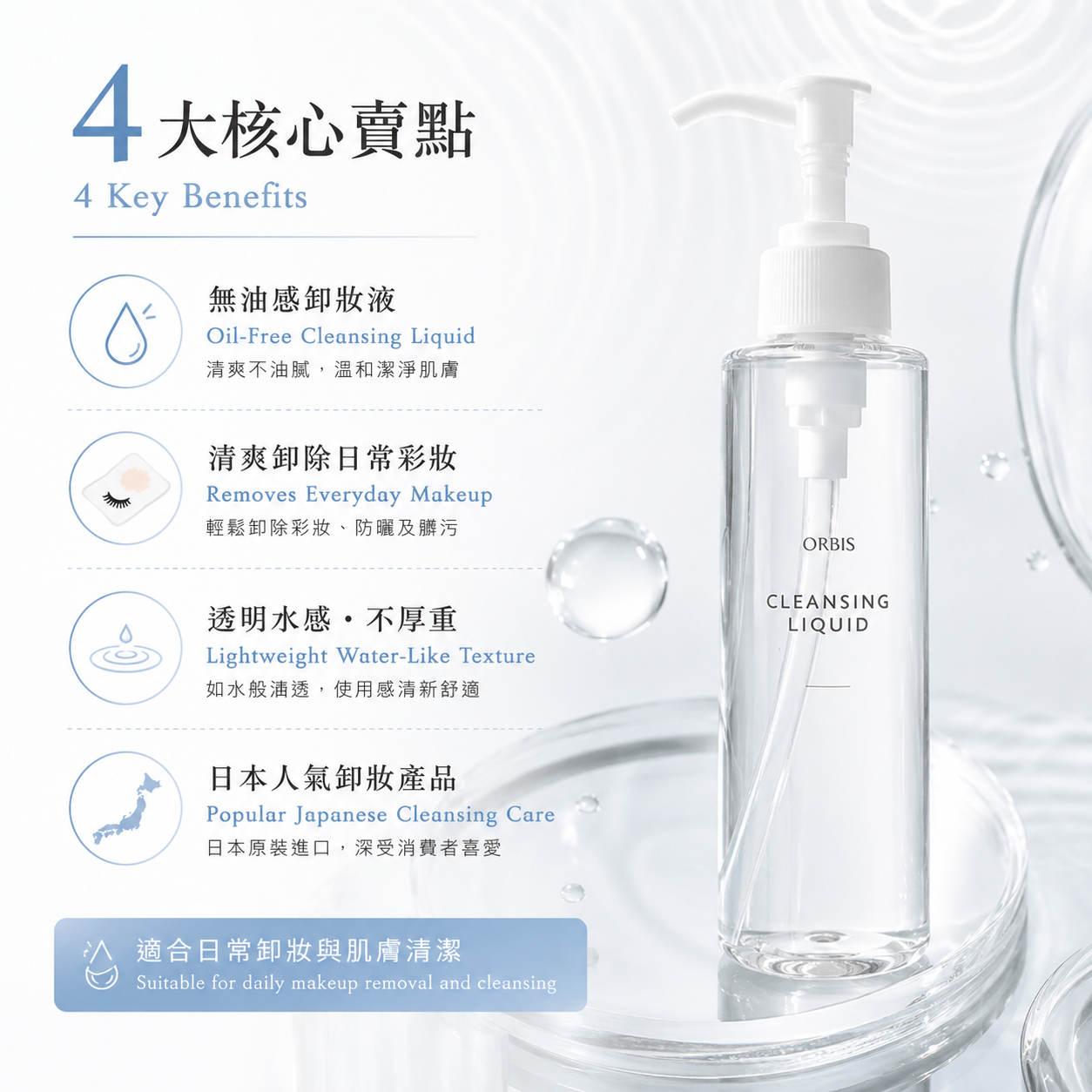 ORBIS Cleansing Liquid oil-free makeup remover key benefits